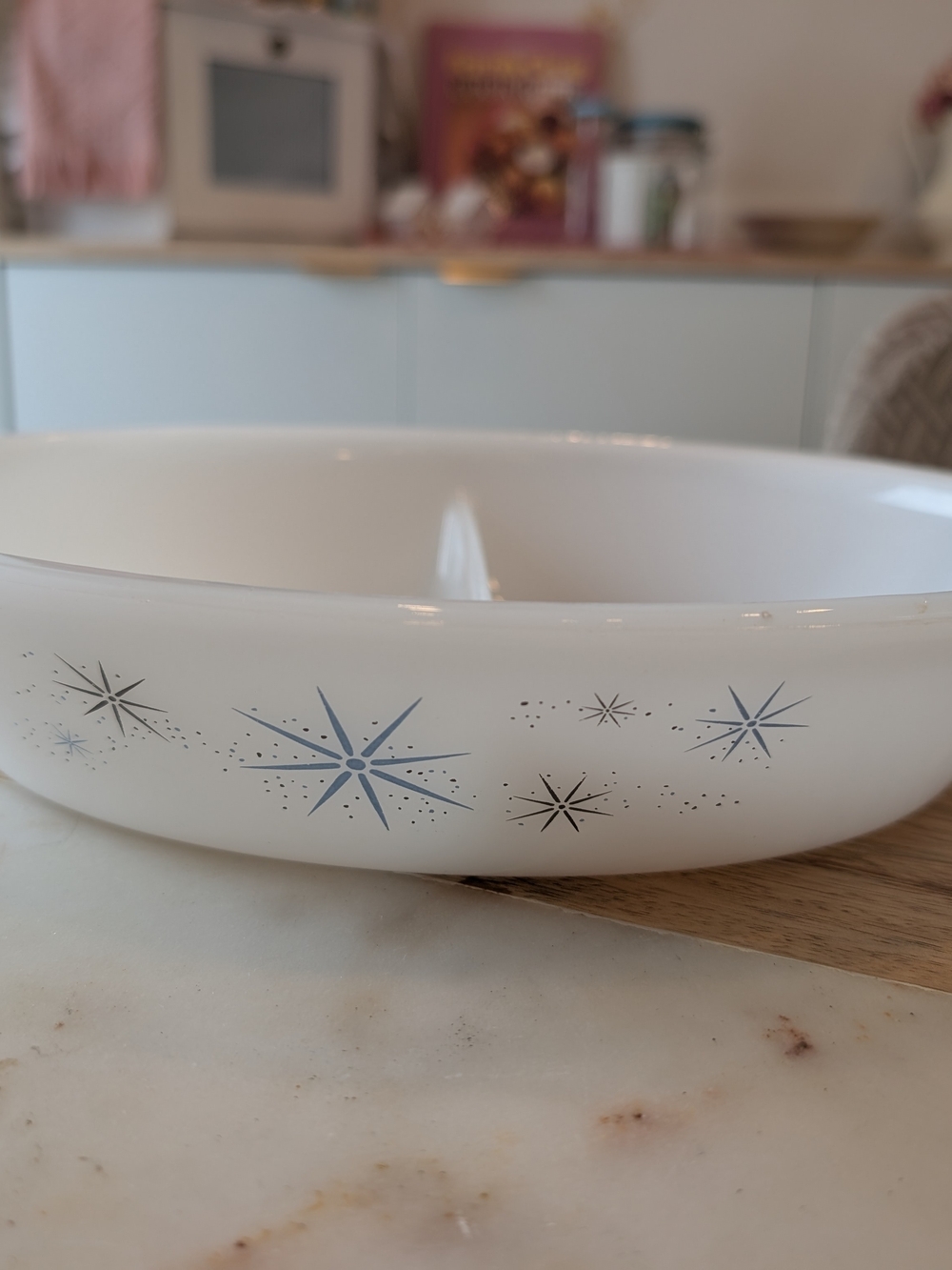 Glasbake Divided Baking Dish – Vintage Blue Starburst Pattern